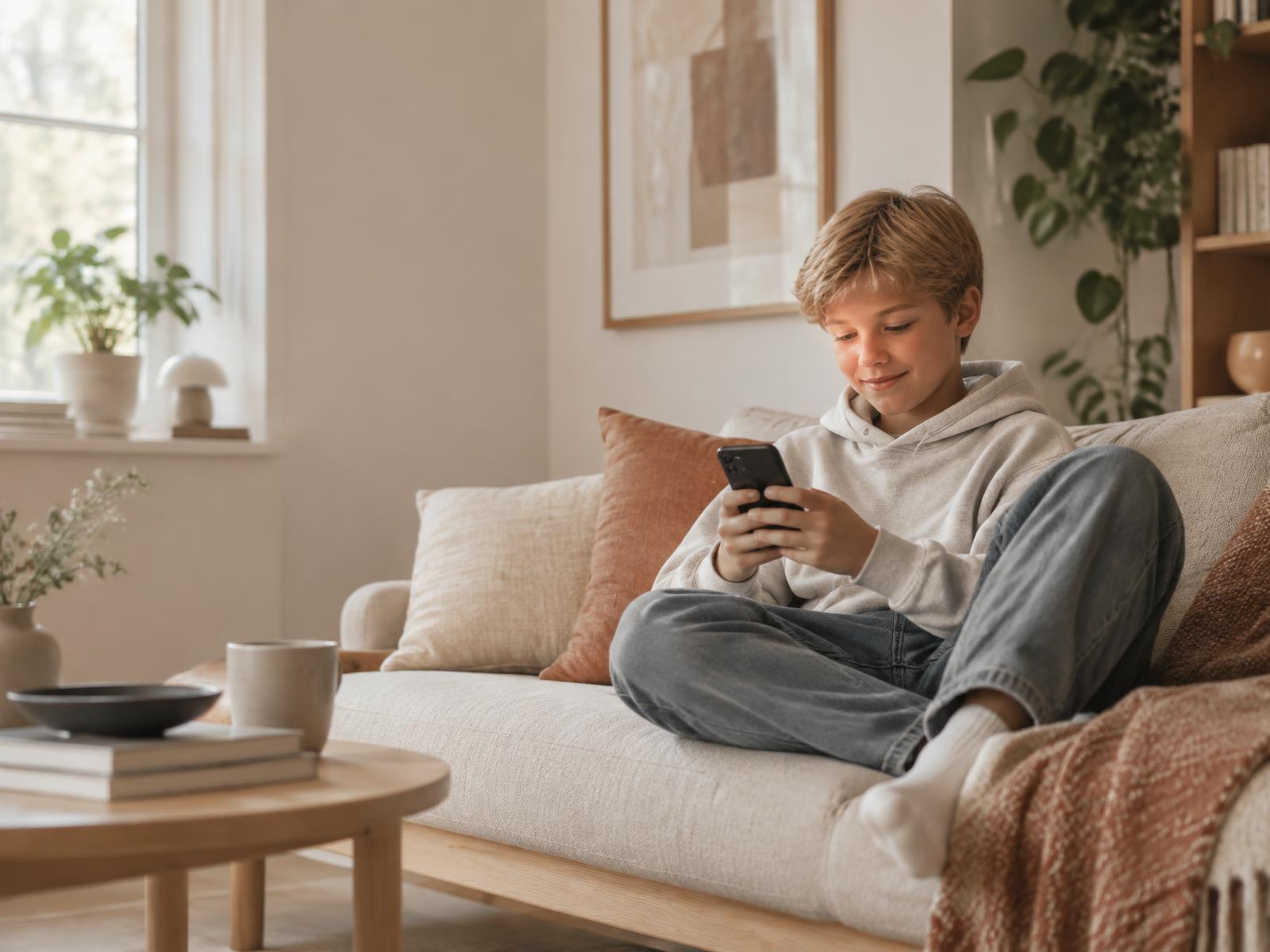Marcus, 12 år, tittar på sin önskelista i mobilen hemma i soffan